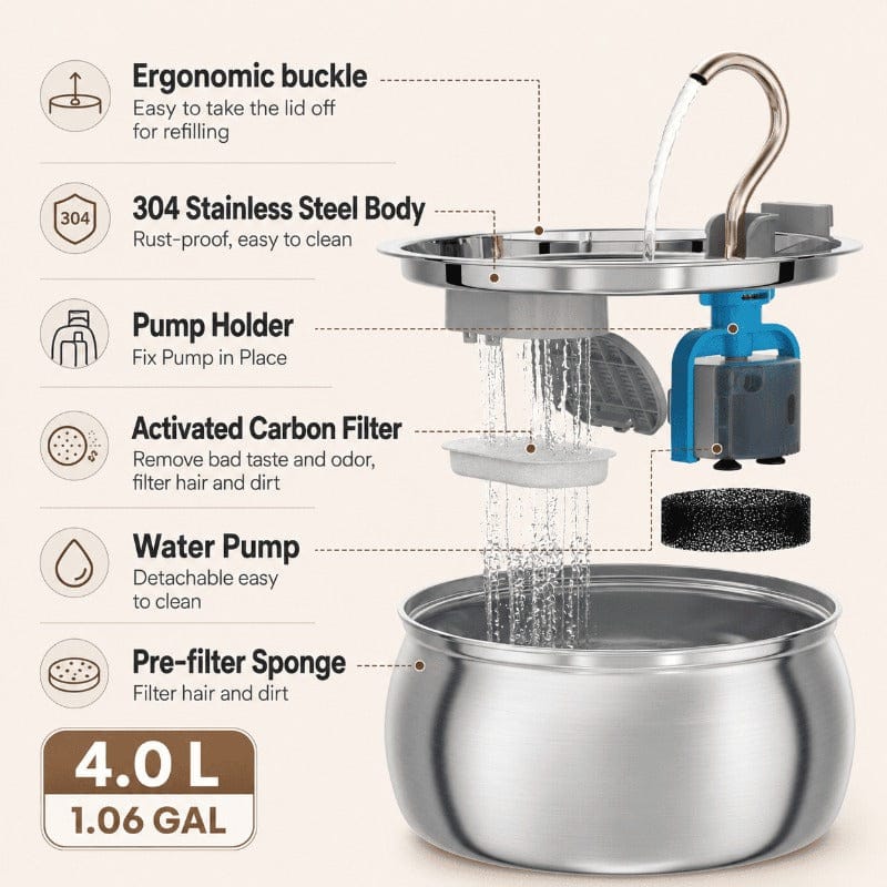 Ultra-Quiet Stainless Pet Fountain